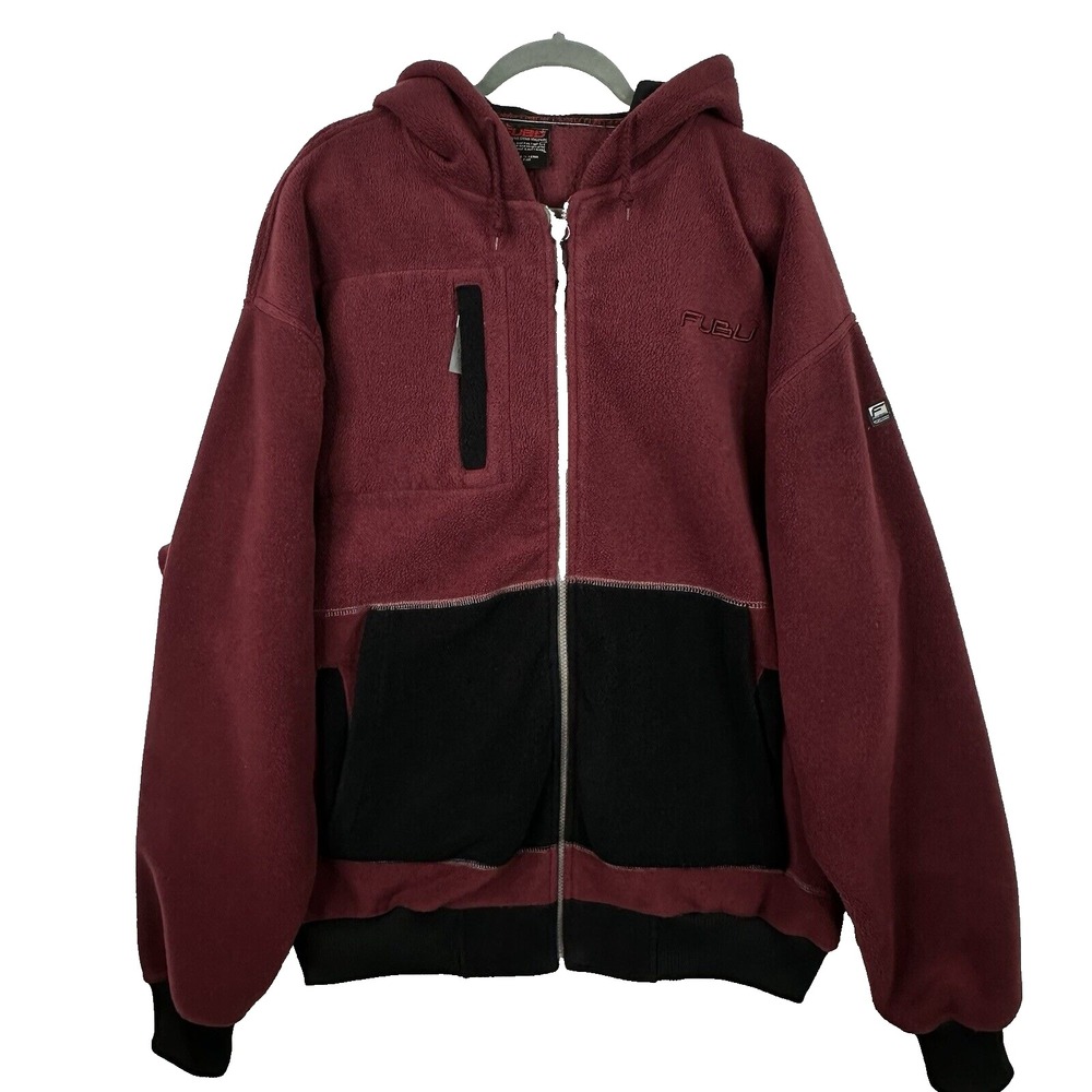 Vintage FUBU Fleece Hoodie Jacket Men's XXL Burgundy Black Full Zip Y2K Gorpcore